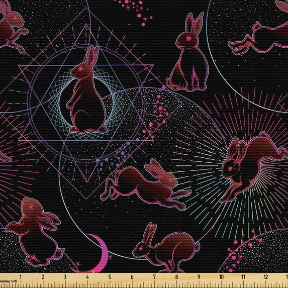 Ambesonne Psychedelic Fabric by the Yard, Trippy Astro Rabbits, 1 Yard, Dark Pink Petrol Blue
