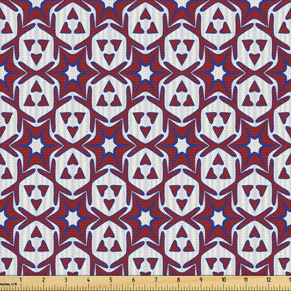 Ambesonne Psychedelic Fabric by the Yard Upholstery, Geometric Stars Stripes, 2 Yards, Burgundy Dark Blue