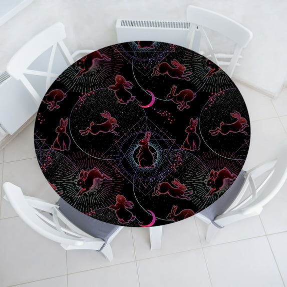 Ambesonne Psychedelic Fitted Round Tablecloth, Trippy Astro Rabbits, 56"- 60" Diameter, Dark Pink Petrol Blue