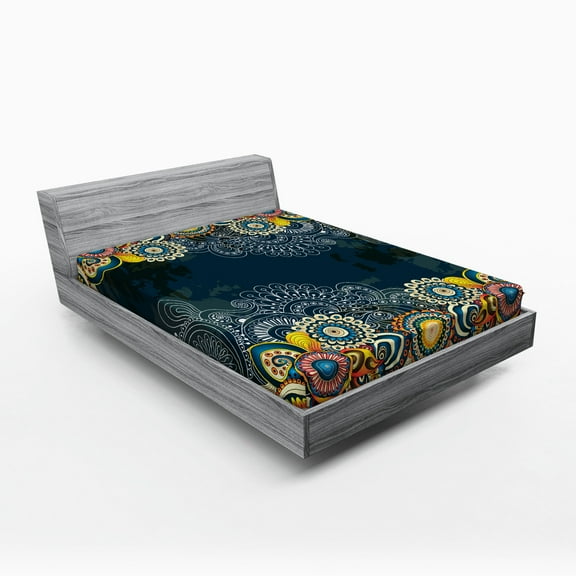 Ambesonne Psychedelic Fitted Sheet, Mandala Paisley, Full Size, Blue Yellow