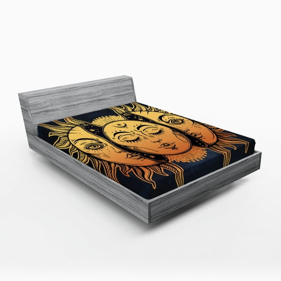 Ambesonne Psychedelic Fitted Sheet, Mystic Moon Sun, Queen Size, Yellow Dark Blue