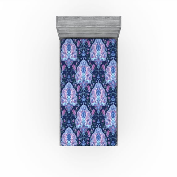 Ambesonne Psychedelic Fitted Sheet, Oriental Leafy Design, Twin XL Size, Dark Lavender Fuchsia