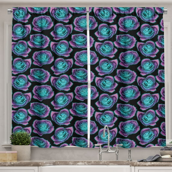 Ambesonne Psychedelic Kitchen Curtains, Bicolour Abstract Roses, 55"x30", Charcoal Grey and Multicolor