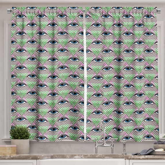 Ambesonne Psychedelic Kitchen Curtains, Eyes on Funky Geometric, 55"x45", Fuchsia Green and Blue