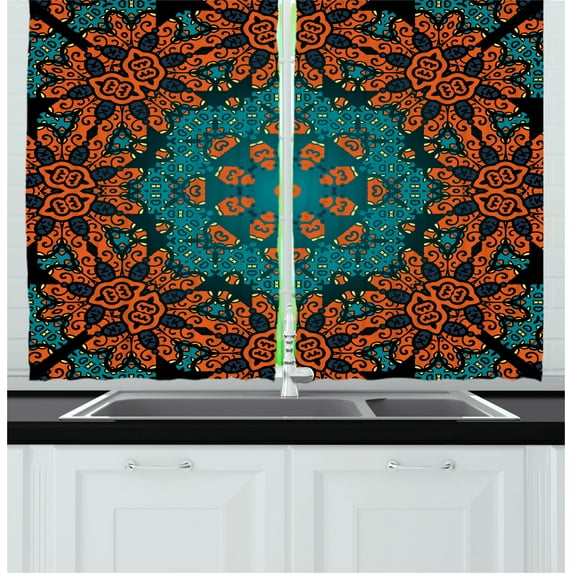 Ambesonne Psychedelic Kitchen Curtains, Floral Boho Hippie, 55"x45", Teal Orange