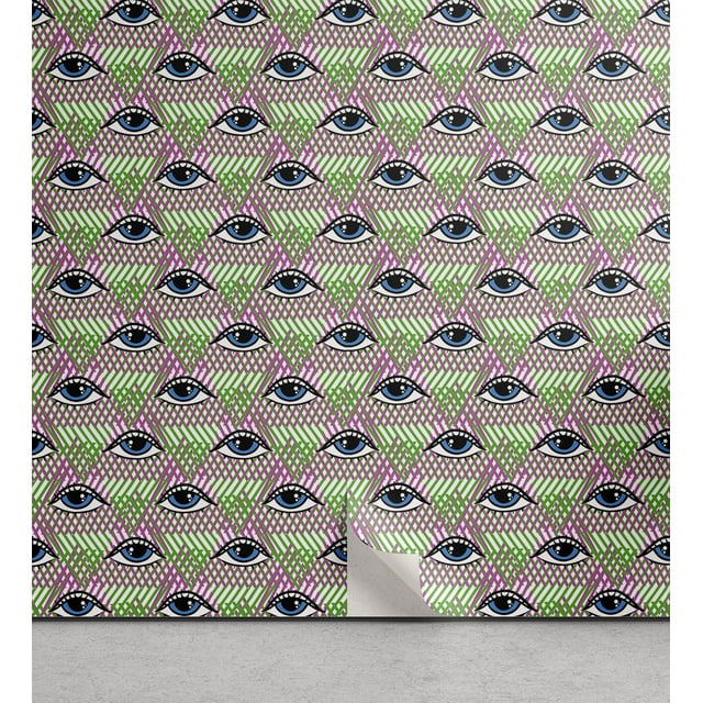 Ambesonne Psychedelic Peel & Stick Wallpaper for Home, Eyes on Funky Geometric, 13"x72", Fuchsia Green and Blue