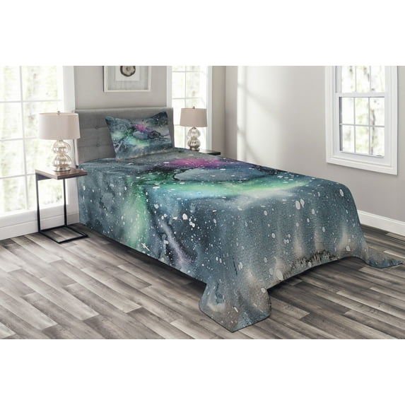 Ambesonne Psychedelic Quilted Bedspread Set 2 Pcs, Celestial Cosmic, Twin Size, Multicolor