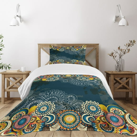 Ambesonne Psychedelic Quilted Bedspread Set 2 Pcs, Mandala Paisley, Twin Size, Blue Yellow
