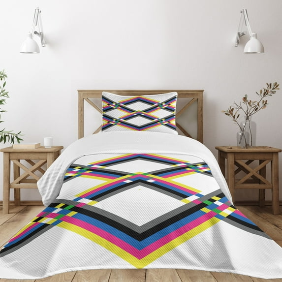 Ambesonne Psychedelic Quilted Bedspread Set 2 Pcs, Zigzag Colorful, Twin Size, Multicolor