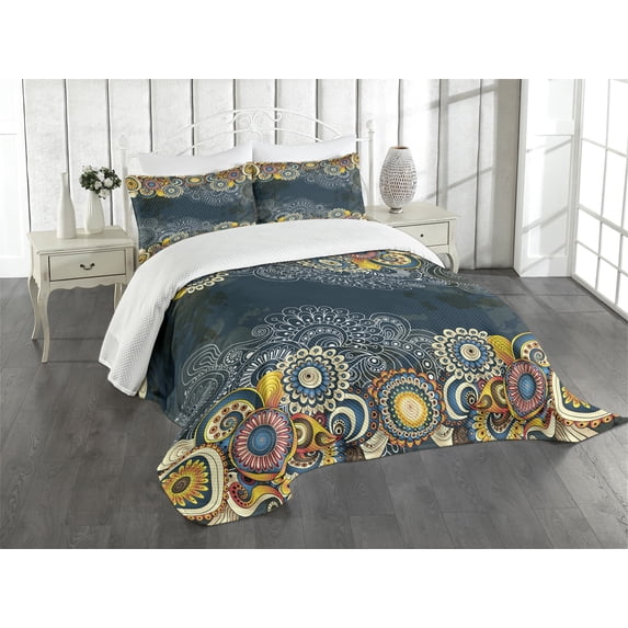 Ambesonne Psychedelic Quilted Bedspread Set 3 Pcs, Mandala Paisley, Queen Size, Blue Yellow