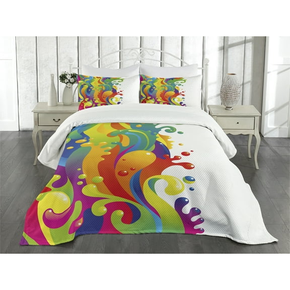 Ambesonne Psychedelic Quilted Bedspread Set 3 Pcs, Rainbow Splash, King Size, Multicolor