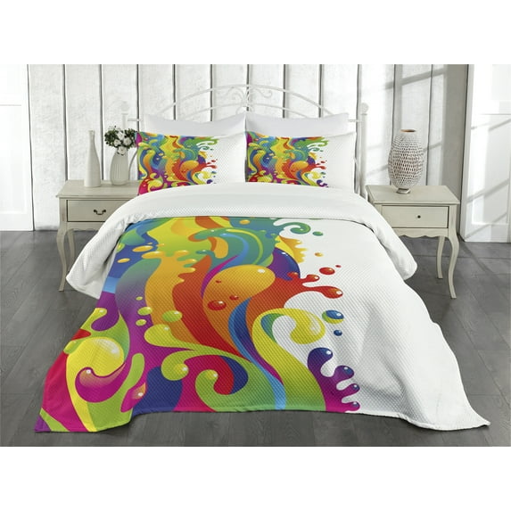 Ambesonne Psychedelic Quilted Bedspread Set 3 Pcs, Rainbow Splash, King Size, Multicolor