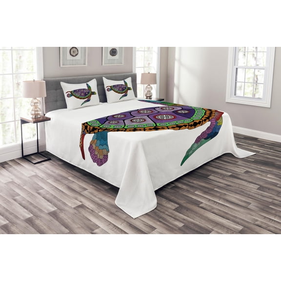 Ambesonne Psychedelic Quilted Bedspread Set 3 Pcs, Sea Turtle Animal, King Size, Purple Orange Pink