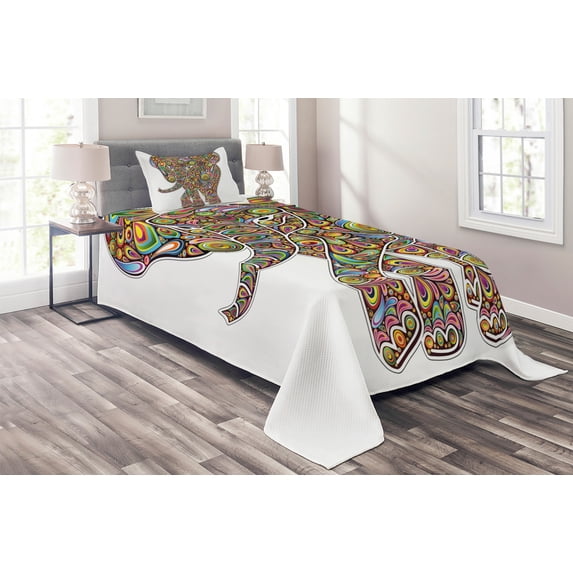 Ambesonne Psychedelic Quilted Coverlet 2 Pcs, Boho Art, Twin Size, Multicolor