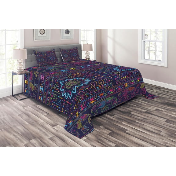 Ambesonne Psychedelic Quilted Coverlet 3 Pcs, Hippie Themed Animals, King Size, Multicolor