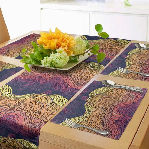 Ambesonne Psychedelic Table Runner & Placemats, Curly Waves Art, Placemat 4 pcs + Runner 12"x72", Quartz Apricot Dried Rose