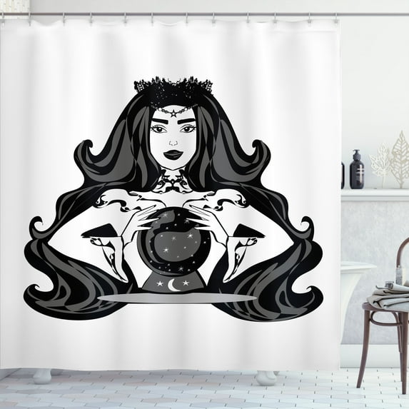 Ambesonne Psychic Shower Curtain, Fortune Teller Woman Magic, 69"Wx84"L, Charcoal Grey White Grey