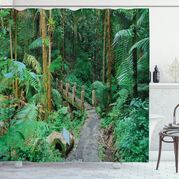 Ambesonne Puerto Rico Shower Curtain, Tropical Rainforest, 69"Wx75"L, Green Pale Brown Ginger