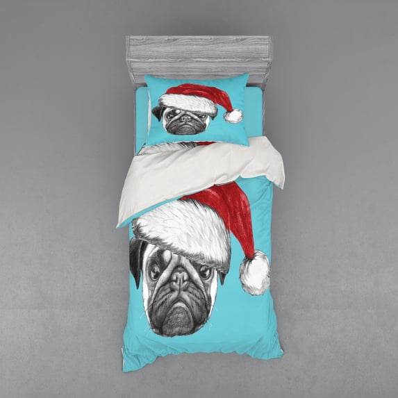 Ambesonne Pug Bedding Set 3 Pcs, Dog with Santa Hat X-Mas, Twin, Blue Ruby Grey