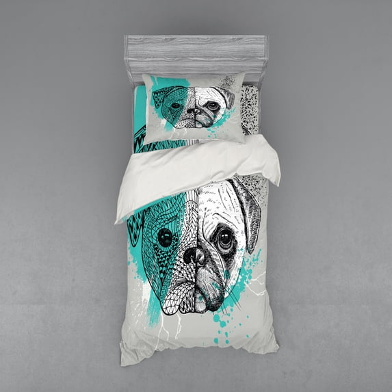 Ambesonne Pug Bedding Set 3 Pcs, Hand Drawn Head of a Dog, Twin, Blue Black White