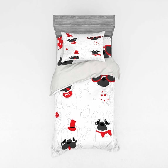 Ambesonne Pug Bedding Set 3 Pcs, Happy Sad Cool Dogs Pug, Twin XL, Black Red White