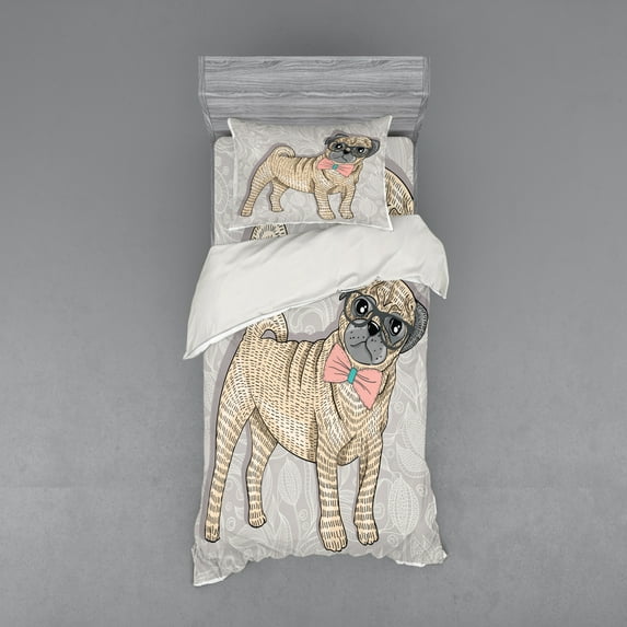 Ambesonne Pug Bedding Set 3 Pcs, Hipster Dog Nerdy Glasses, Twin XL, Pale Yellow Pale Pink