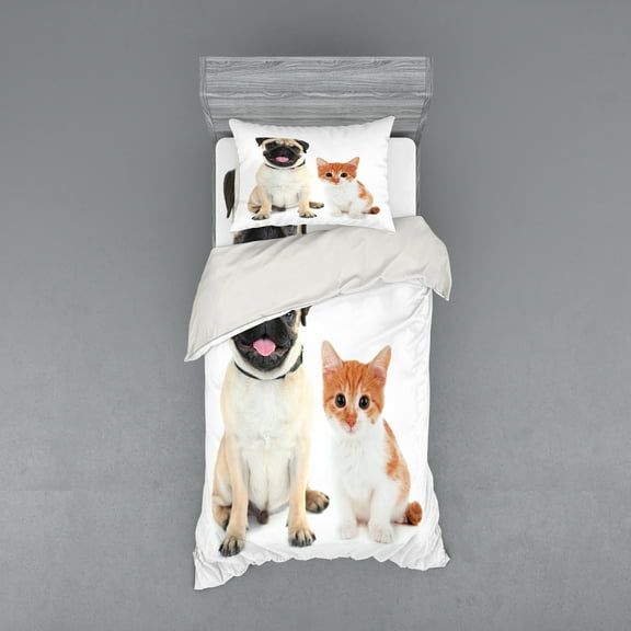 Ambesonne Pug Bedding Set 3 Pcs, Kitten and Puppy Photo, Twin, Orange White Cream