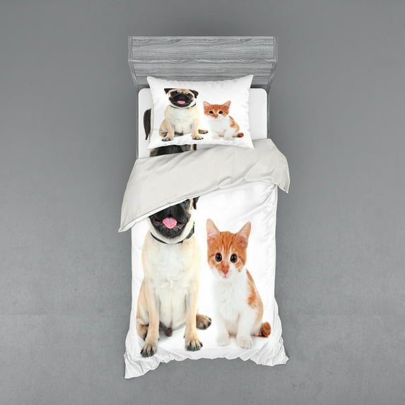 Ambesonne Pug Bedding Set 3 Pcs, Kitten and Puppy Photo, Twin, Orange White Cream