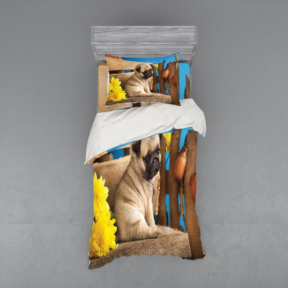 Ambesonne Pug Bedding Set 3 Pcs, Puppy Photography on Bench, Twin XL, Pale Brown Yellow Blue