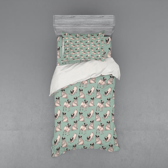 Ambesonne Pug Bedding Set 3 Pcs, Sitting Stretching Dog, Twin XL, Turquoise