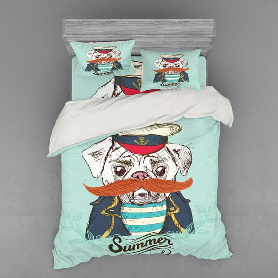 Ambesonne Pug Bedding Set 4 Pcs, Captain Dog with Hat Jacket, Queen, Pale Blue Navy Blue