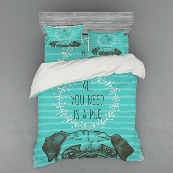 Ambesonne Pug Bedding Set 4 Pcs, Fun Animal Dog Words, Queen, Sea Green Brown