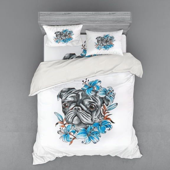 Ambesonne Pug Bedding Set 4 Pcs, Fun Dog with Flowers, Queen, Teal Grey