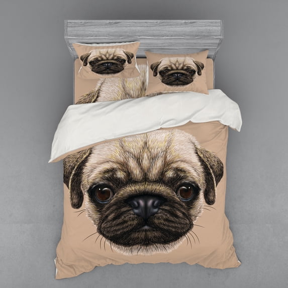 Ambesonne Pug Bedding Set 4 Pcs, Pet Animal Art Design Dog, Queen, Tan Pale Brown