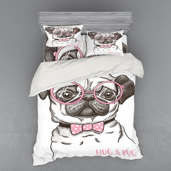 Ambesonne Pug Bedding Set 4 Pcs, Pug with Bow Glasses, Queen, Brown Pale Pink White