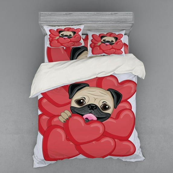 Ambesonne Pug Bedding Set 4 Pcs, Valentines Inspired Dog, Queen, Red Black Pale Brown