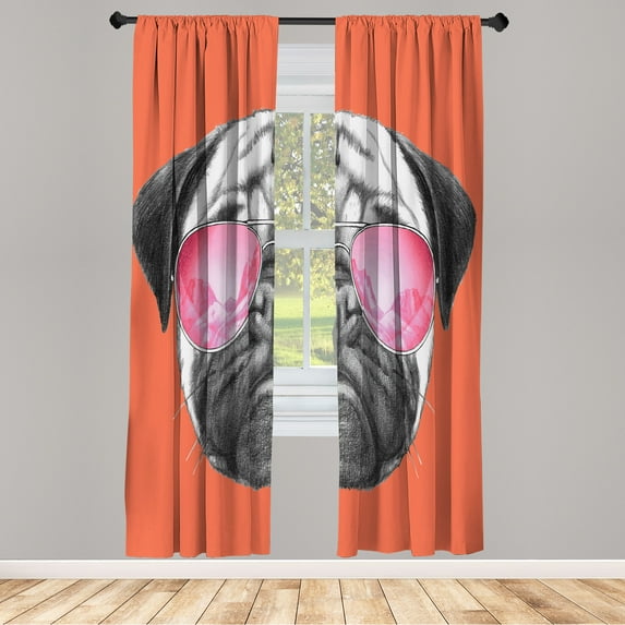 Ambesonne Pug Curtains, Dog Portrait Sunglasses Funny, Pair of 28"x63", Dark Salmon