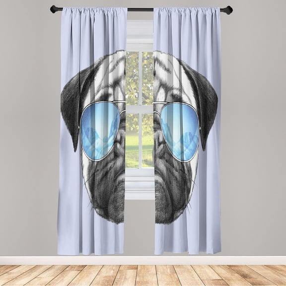 Ambesonne Pug Curtains, Dog Portrait Sunglasses Funny, Pair of 28"x63", Pastel Purple