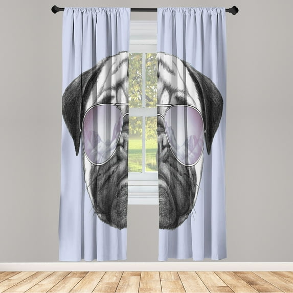 Ambesonne Pug Curtains, Dog Portrait Sunglasses Funny, Pair of 28"x84", Lavender Ivory