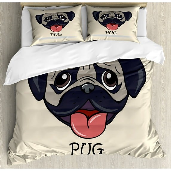 Ambesonne Pug Duvet Cover Set, Cartoon Pug Caricature, Calking, Taupe Black Red