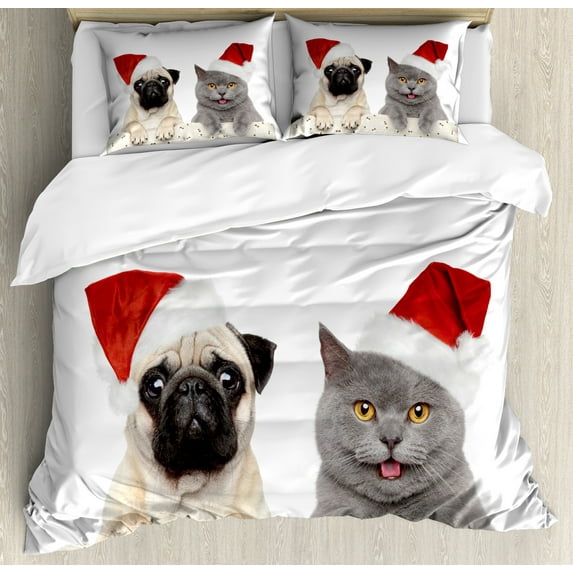 Ambesonne Pug Duvet Cover Set, Christmas Themed Dog Photo, Calking, Grey Cream Red