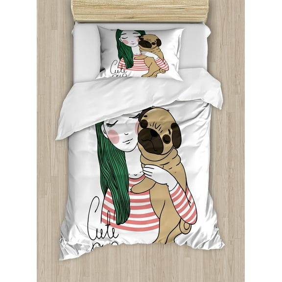 Ambesonne Pug Duvet Cover Set, Dog with Girl, Twin, Forest Green Pale Brown