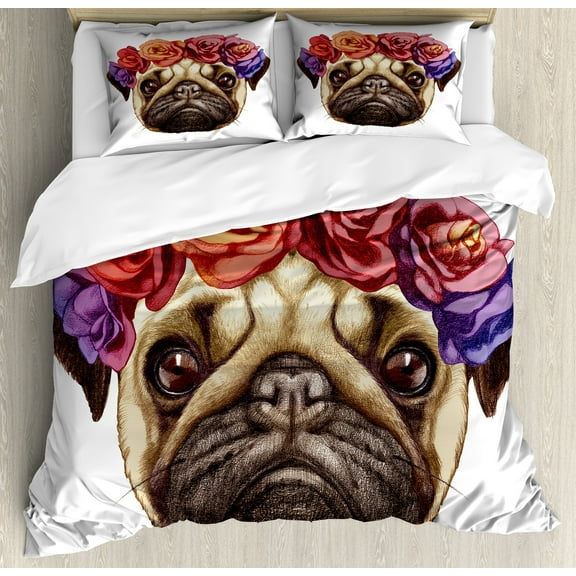 Ambesonne Pug Duvet Cover Set, Floral Head Wreath Fun, 2-Calking, Pale Brown Purple Red
