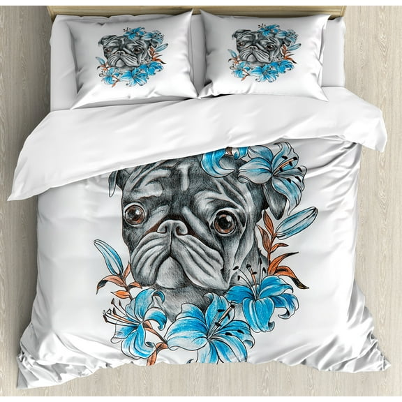 Ambesonne Pug Duvet Cover Set, Fun Dog with Flowers, Calking, Teal Grey