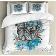thumbnail image 1 of Ambesonne Pug Duvet Cover Set, Fun Dog with Flowers, Queen, Teal Grey, 1 of 3