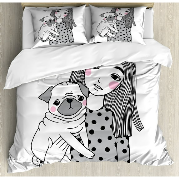 Ambesonne Pug Duvet Cover Set, Girl Holding Her Pug Love, 2-Calking, Black Grey White