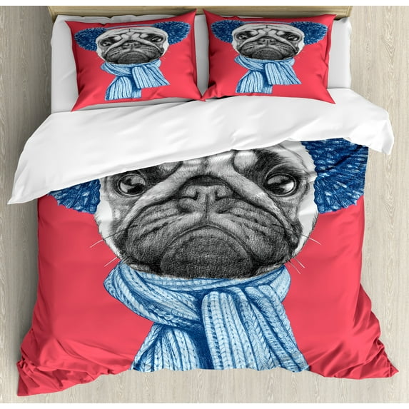 Ambesonne Pug Duvet Cover Set, Winter Dog with Earmuffs, 2-Calking, Dark Coral Turquoise