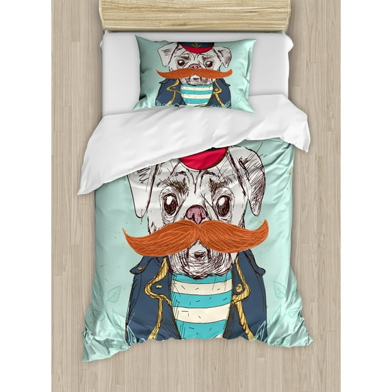 Ambesonne Pug Duvet Cover Sets, Captain Dog with Hat Jacket, 2-Twin, Pale Blue Navy Blue