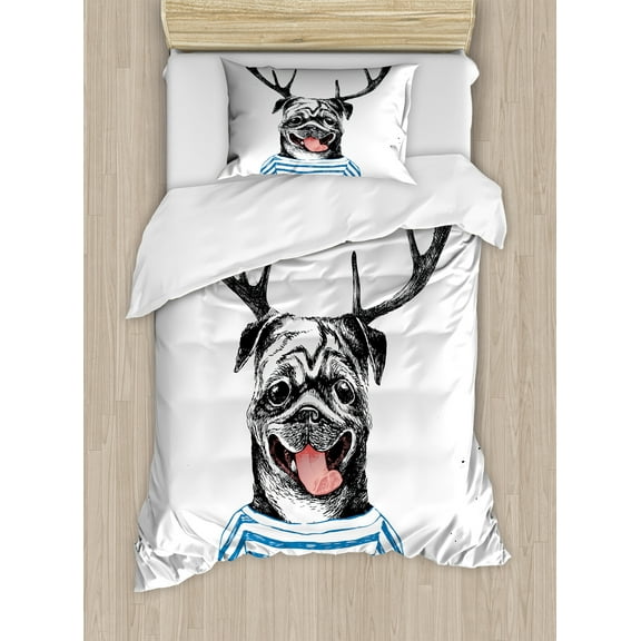 Ambesonne Pug Duvet Cover Sets, Dog with Antlers Surreal, 2-Twin, Black Blue White