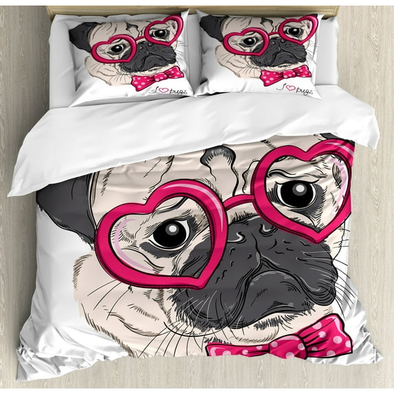 Ambesonne Pug Duvet Cover Sets, Dog with Heart Glasses Bow, 2-Queen, Pink Grey White